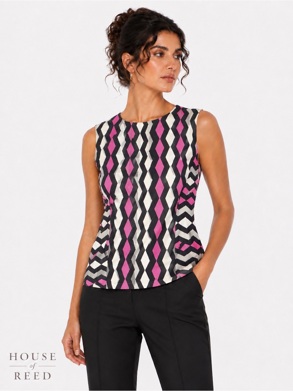 Milly 100% Silk Shell Geometric Print Sleeveless Top Pink Black Ivory Sz 2 Retro